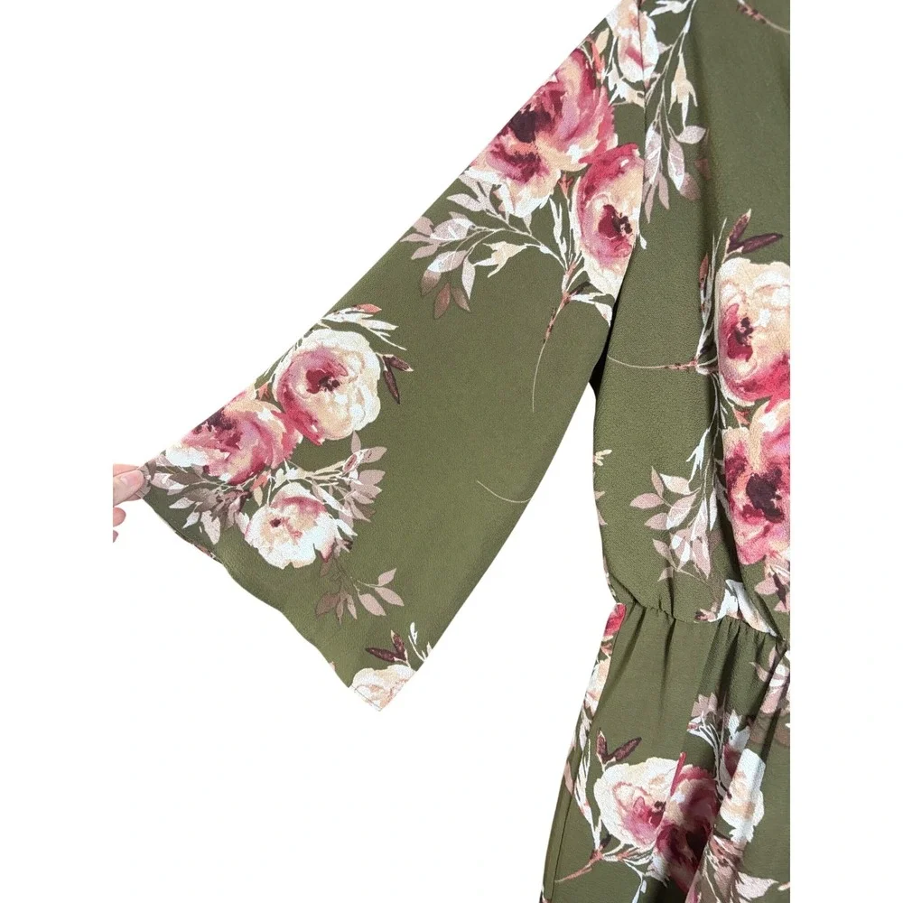 Miami Olive Green Floral Long Bell Sleeve Surplice Romper Womens Large - Picture 3 of 9